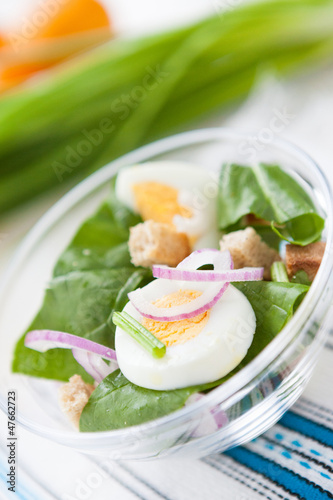 spinach, egg, croutons - a healthy salad