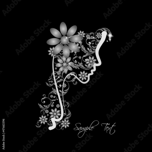 Perfect profile of a Woman with Floral - shades of gray