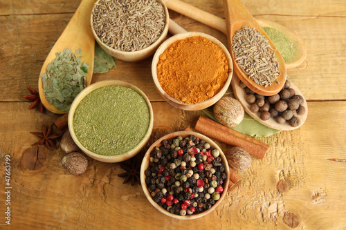 bowls and spoons with spices, on wooden background