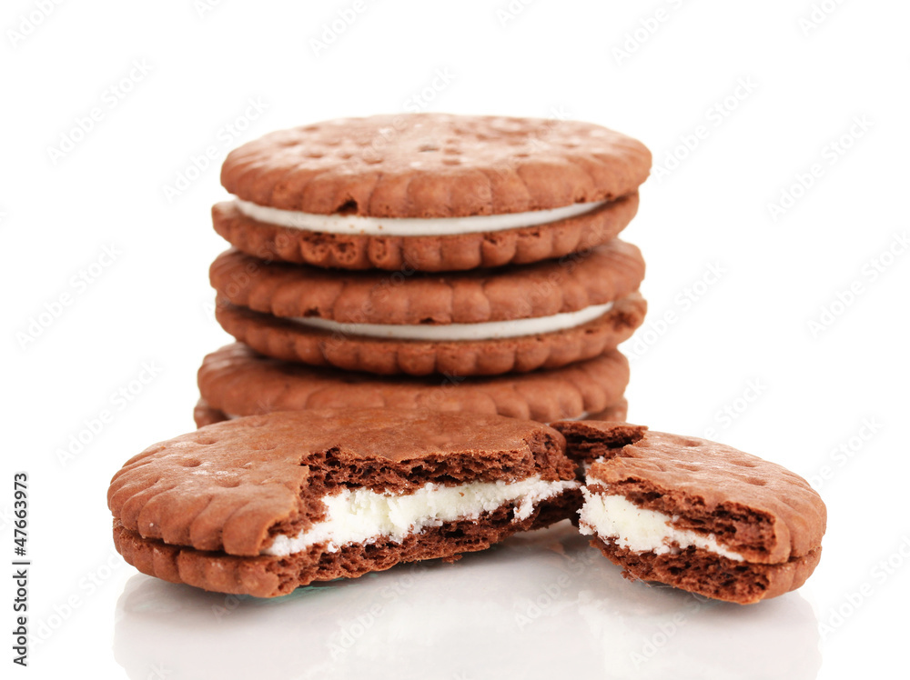 Chocolate cookies with creamy layer isolated on white Chocolate cookies with creamy layer isolated on white