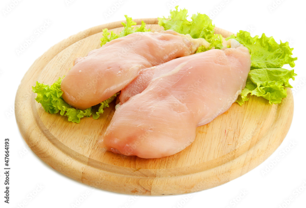 raw chicken meat on cutting board, isolated on white raw chicken meat on cutting board, isolated on white