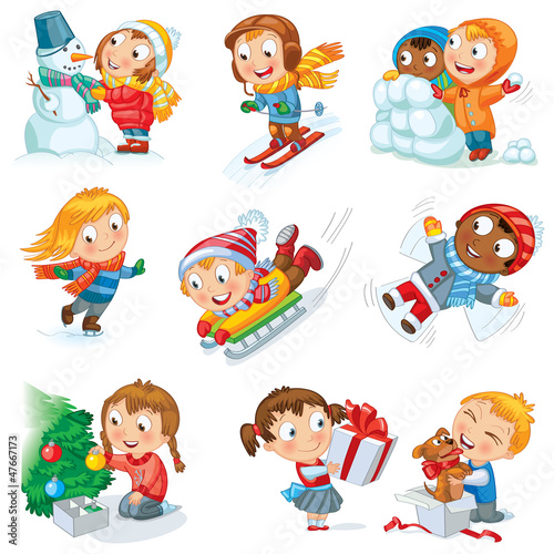 Winter holidays. Snowman, skating, skiing, sledding