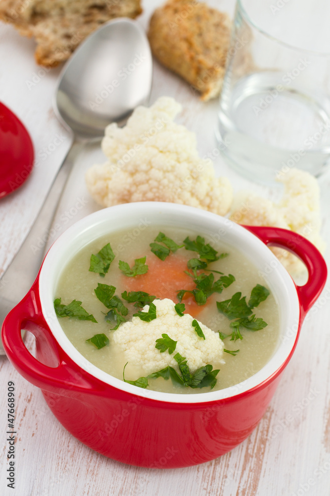 cauliflower soup with carrot and parsley in the red bowl cauliflower soup with carrot and parsley in the red bowl