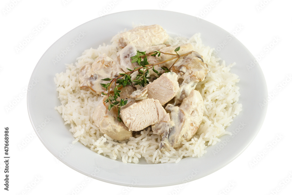 chicken with mushrooms, sceams and rice on the plate