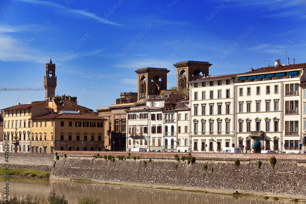 Italy. Florence. Ancient houses on Arno River Embankment