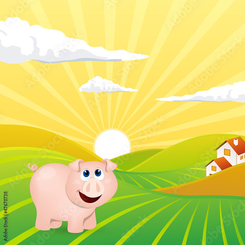 Vector of an Evening Landscape with a Pig