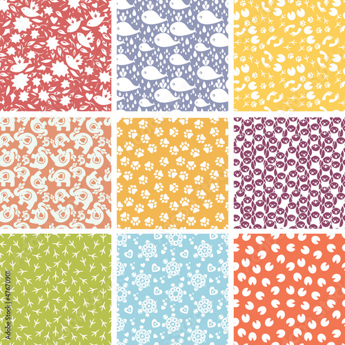 Set of nine cute elements seamless patterns backgrounds with