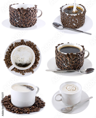 Collage of various coffee cups. Isolated
