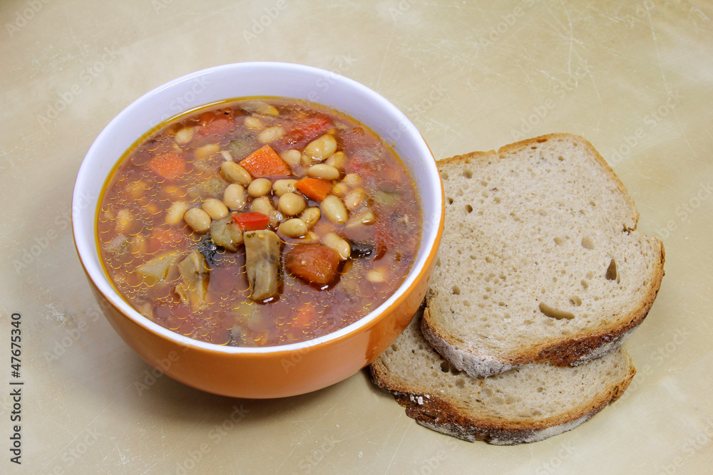 vegetarian stew-goulash soup with soybeans with two slices of b vegetarian stew-goulash soup with soybeans with two slices of b