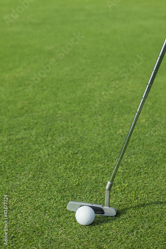 putter puts a golf ball to hole on green of golf course