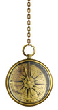 brass antique compass hanging on chain isolated on white