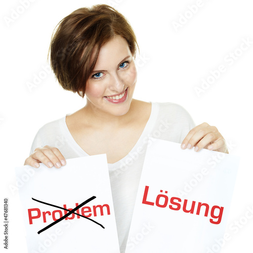 Woman shows her concept - problem and solution photo