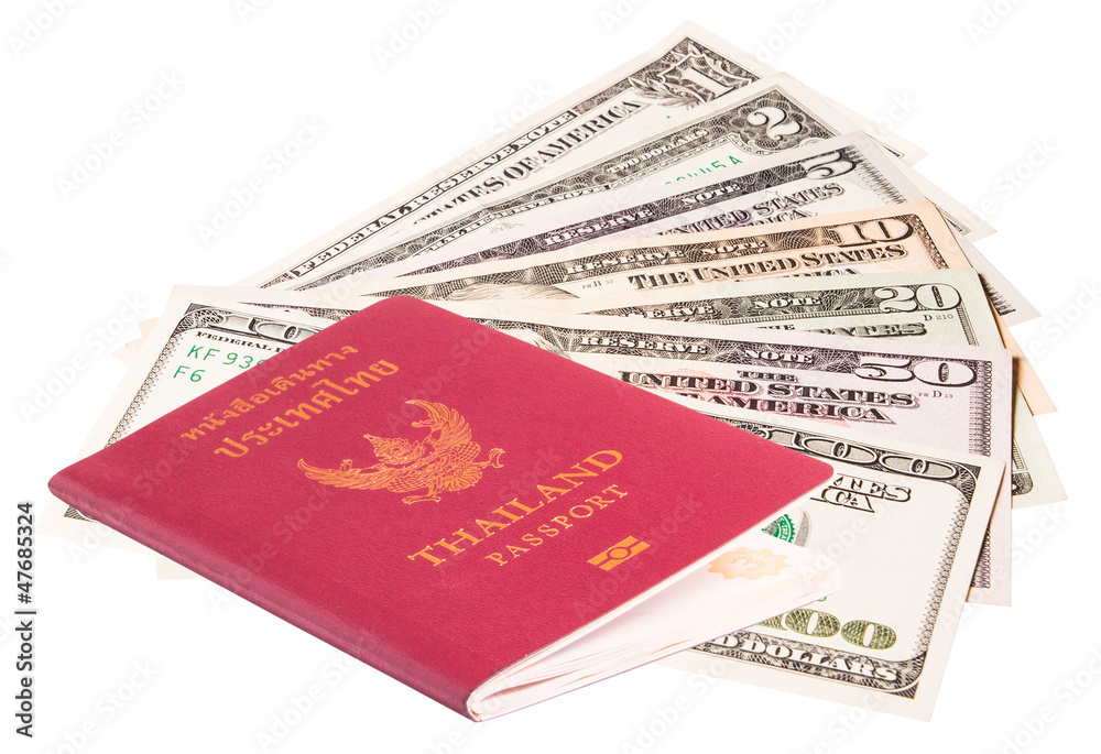 us dollar bills with Thailand passport on white background us dollar bills with Thailand passport on white background