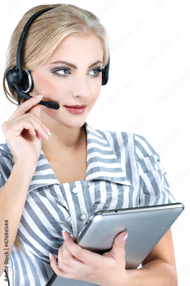 Can I help you ? Closeup of a female customer service representa Can I help you ? Closeup of a female customer service representa