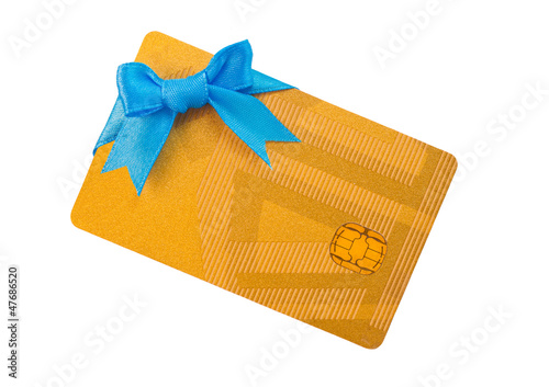 Obraz na plátne Gold bank card with blue bow