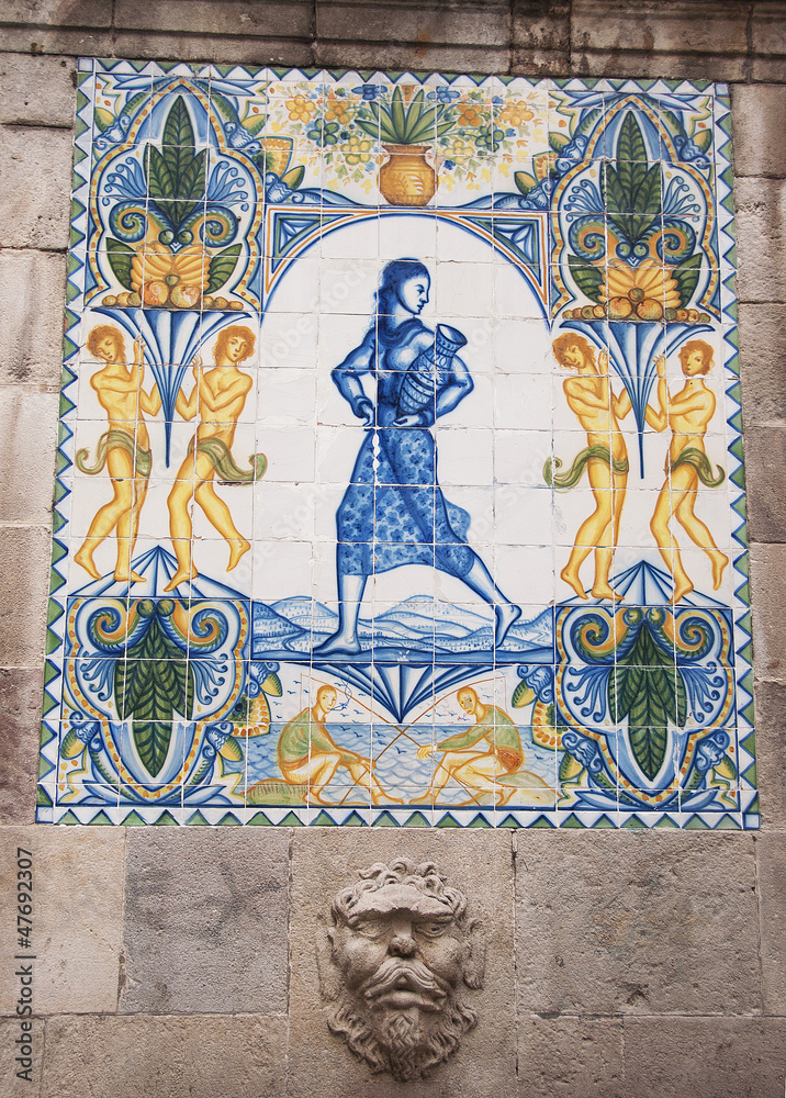 Mosaik, Frau am Brunnen, Barcelona, Spanien