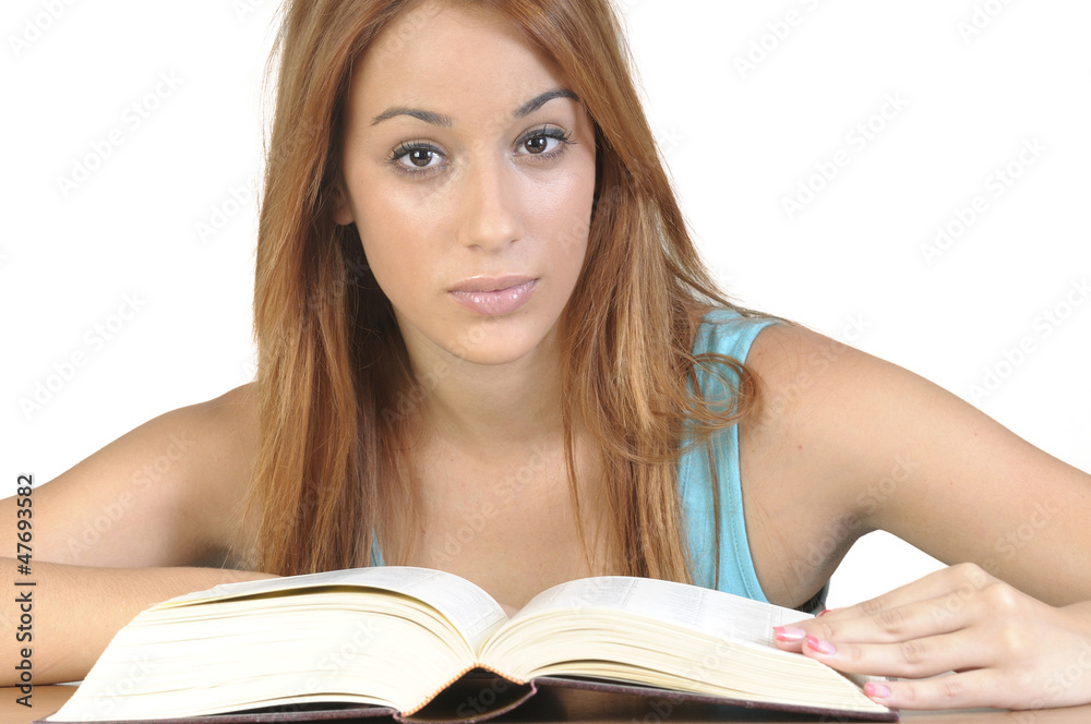 Young student with an open book on white background Young student with an open book on white background