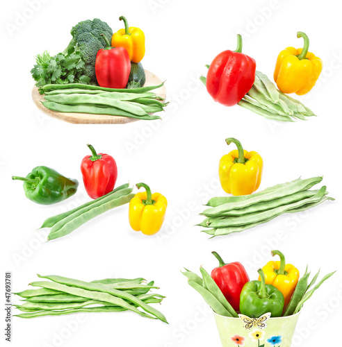 Set of images of fresh vegetables. Close-up on a white backgroun