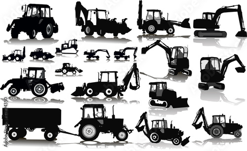Set of 18 silhouettes of a tractors of road service