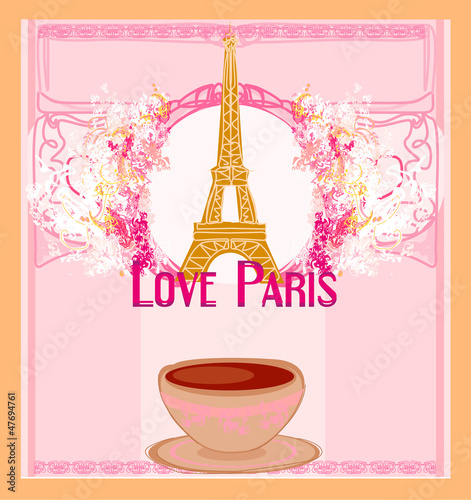 love Paris with tower Eiffel and coffee over pink background. v