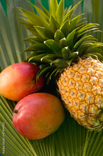 Ripe mangoes and a pineapple on a palm leaf background