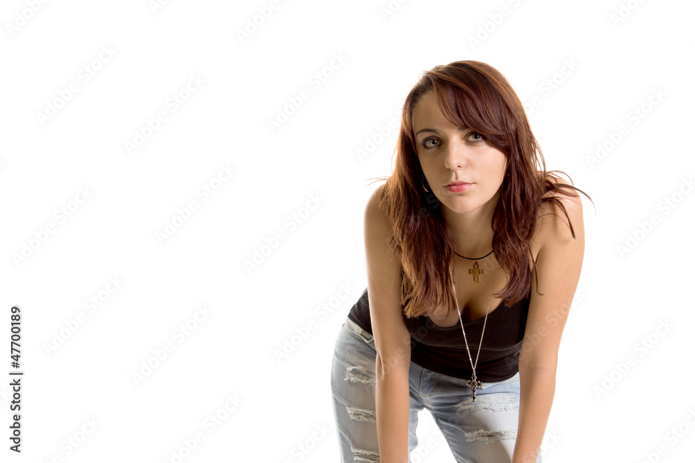 Young woman leaning towards the camera Young woman leaning towards the camera