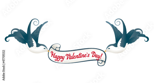 Schwalben mit Banner "Happy Valentine`s Day"