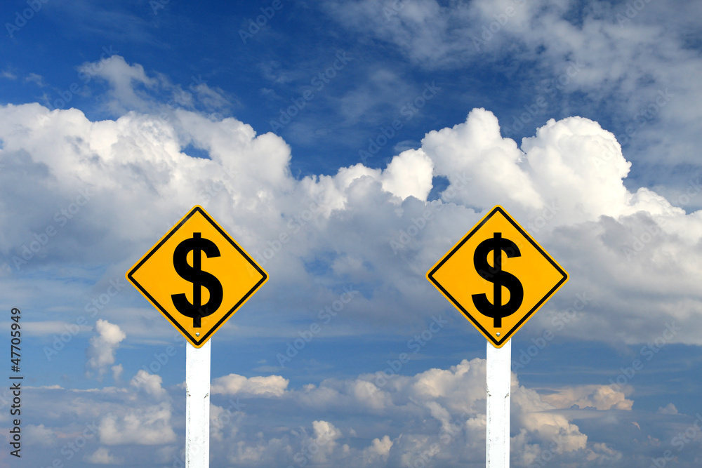 Yellow Road Sign With Dollar Sign Inside On Blue Sky Background Yellow Road Sign With Dollar Sign Inside On Blue Sky Background