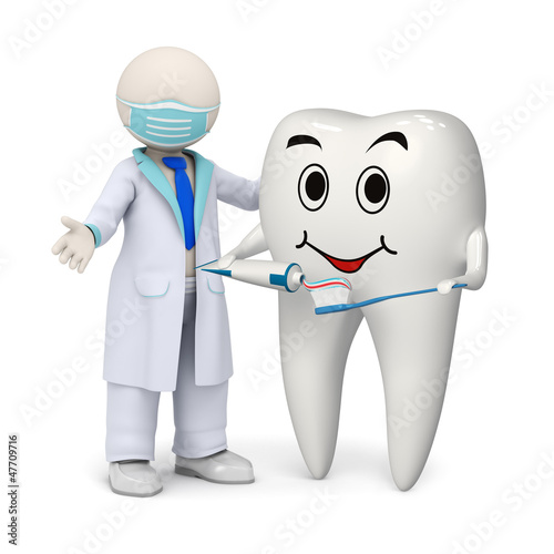 3d dentist with a smiling tooth and toothbrush