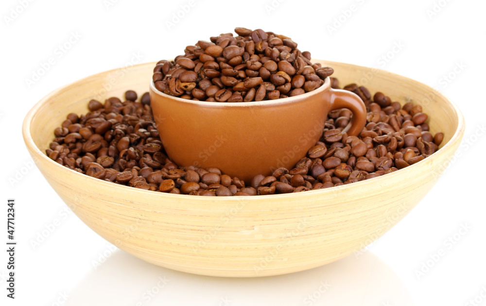 Coffee beans in bamboo bowl with cup isolated on white Coffee beans in bamboo bowl with cup isolated on white