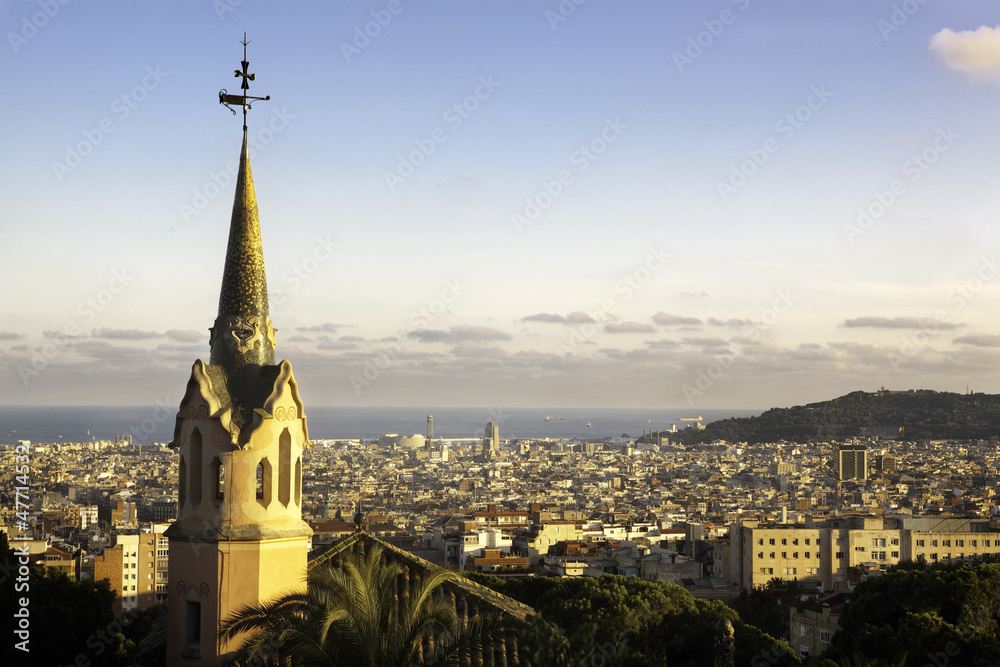 Gaudi church and aerial view of Barcelona from Park Güell