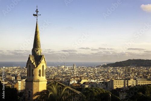 Gaudi church and aerial view of Barcelona from Park Güell