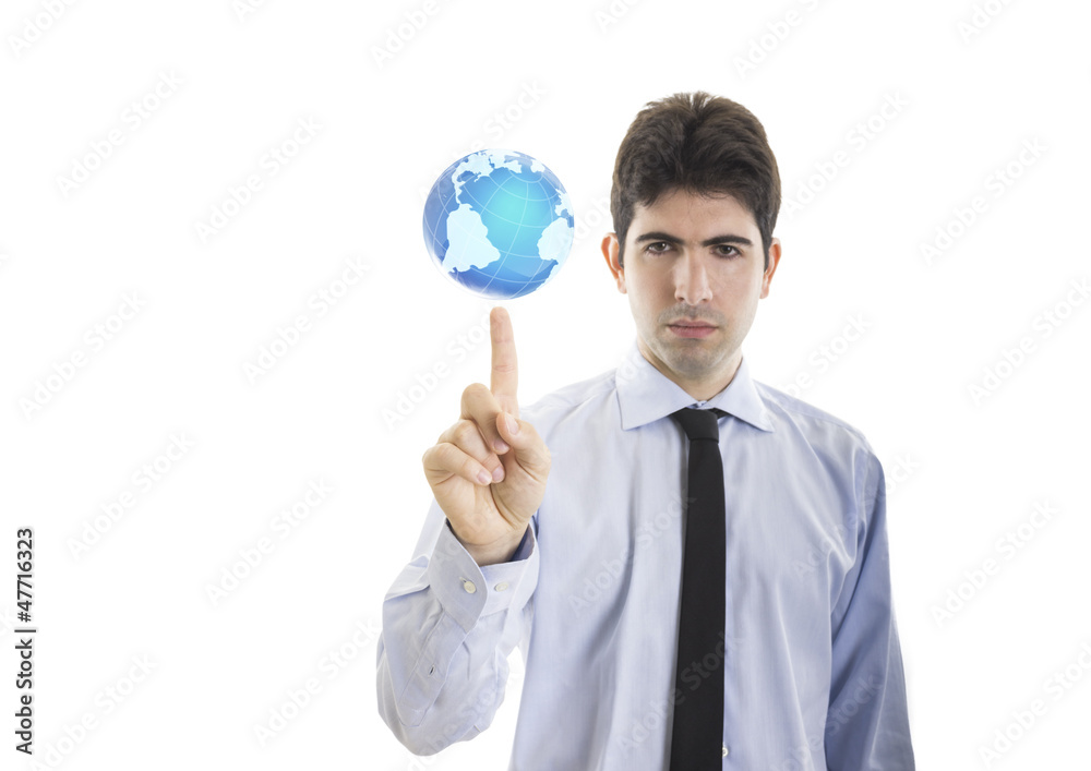 Young businessman hold a world on finger Young businessman hold a world on finger