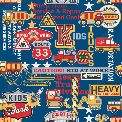 Kid trucks seamless pattern
