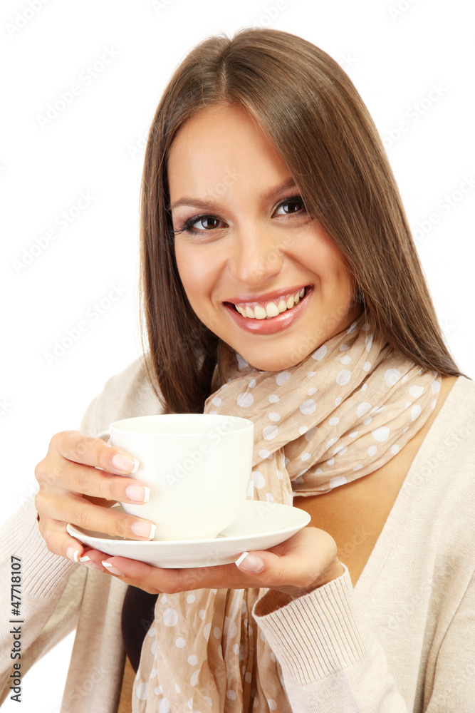 beautiful young woman with cup of coffee, isolated on white beautiful young woman with cup of coffee, isolated on white
