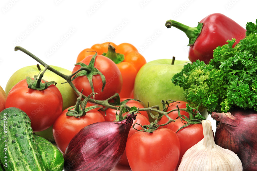 fruits and vegetables on white