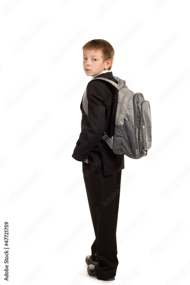 Schoolboy with backpack isolated on white background Schoolboy with backpack isolated on white background