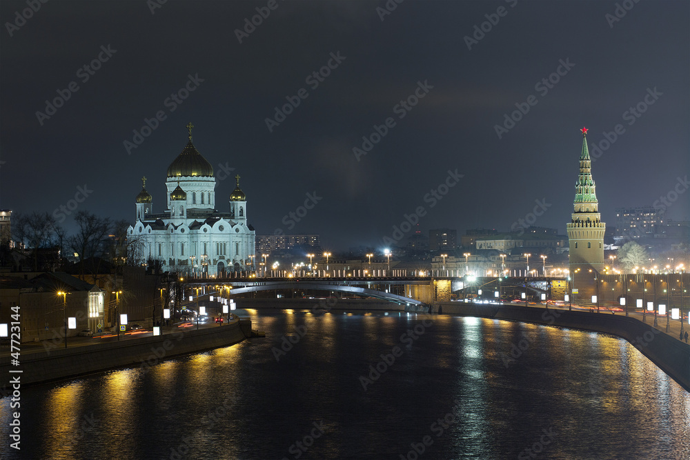 Evening view of the Temple of Christ the Savior and the Kremlin