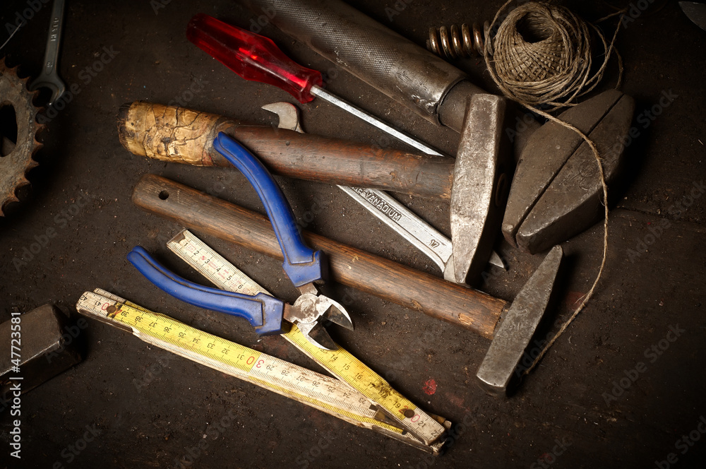 workshop different tools wooden background workshop different tools wooden background