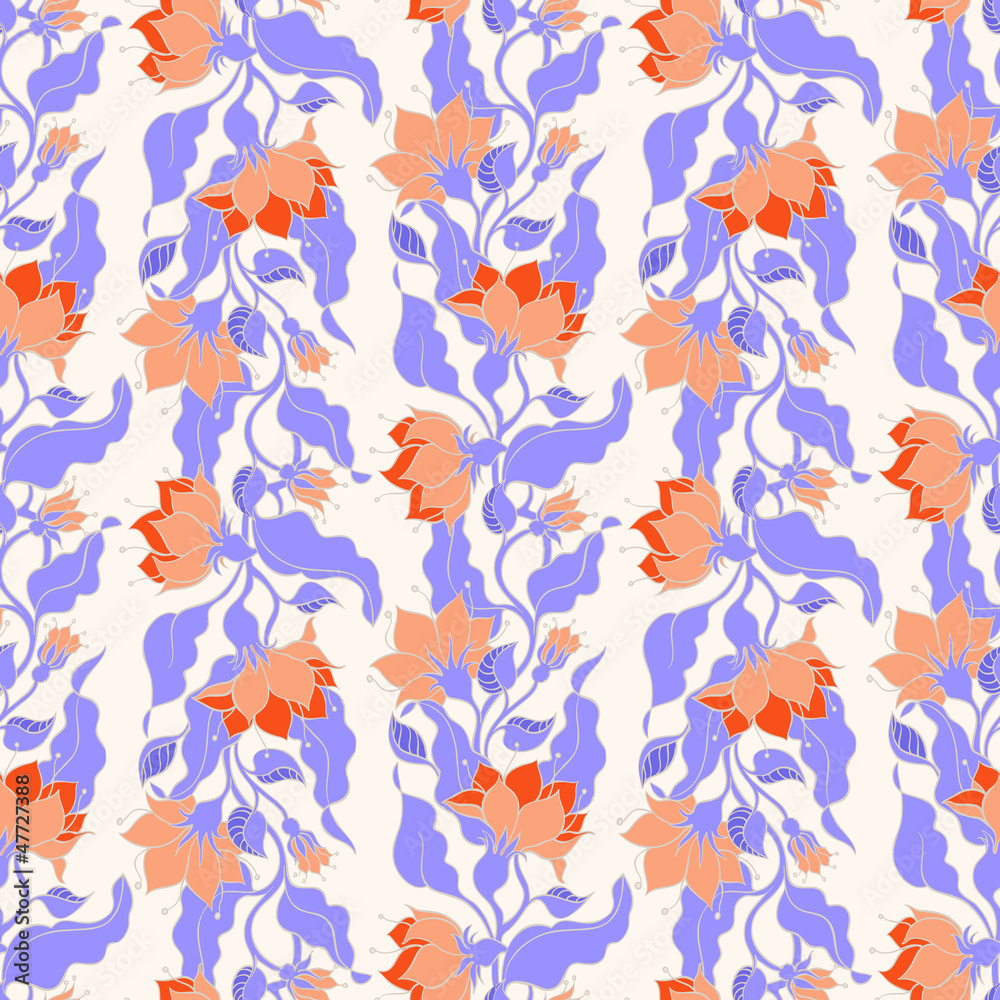 Seamless Floral red and purple pattern on a beige background