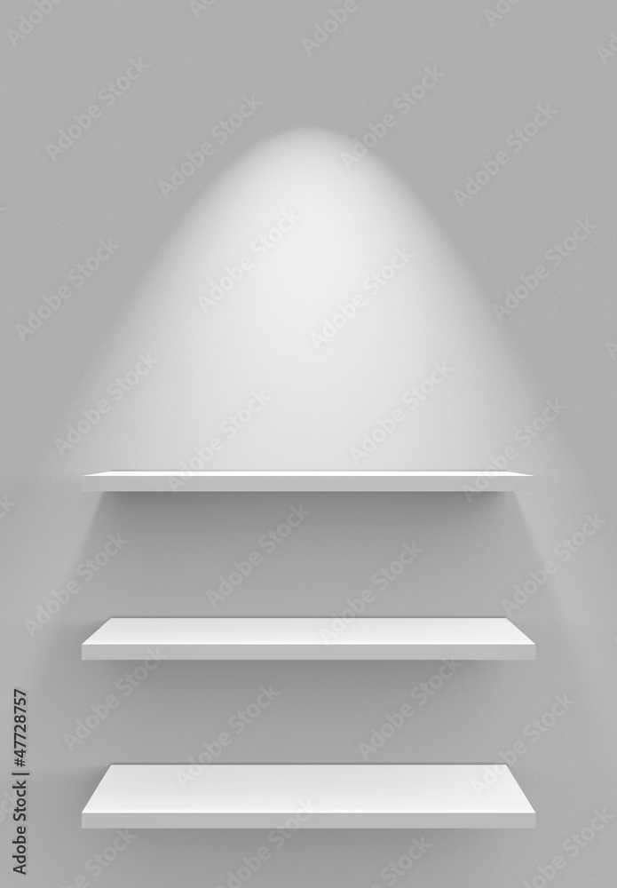 Photography Poster Drei Regale an Wand mit Beleuchtung - Weiß