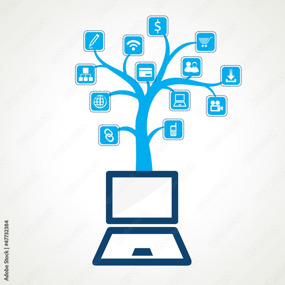 technology icon tree connect with laptop