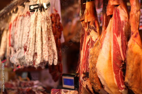Meat counter in La Boqueria Market, Barcelona, Spain photo
