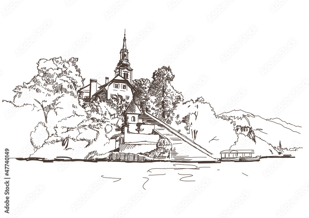 Fototapeta premium Church on the island in lake Bled in Slovenia