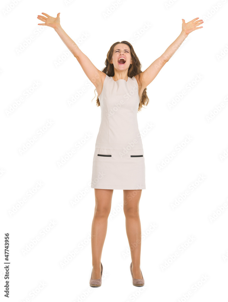 Happy young woman in dress rejoicing success Happy young woman in dress rejoicing success