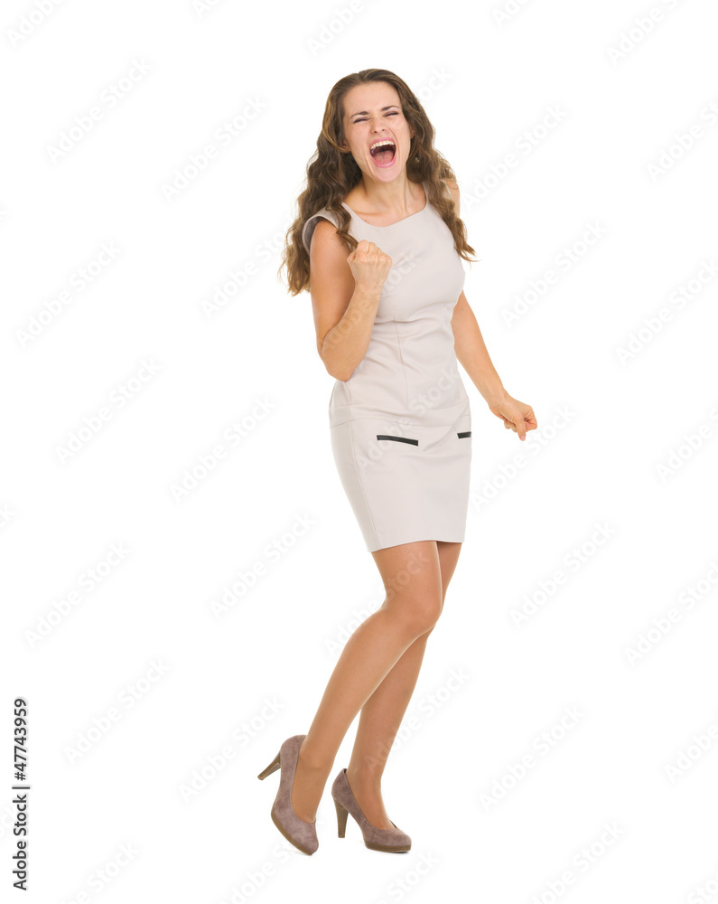 Happy young woman in dress rejoicing success Happy young woman in dress rejoicing success