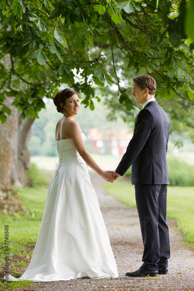 Wedding couple holding hands