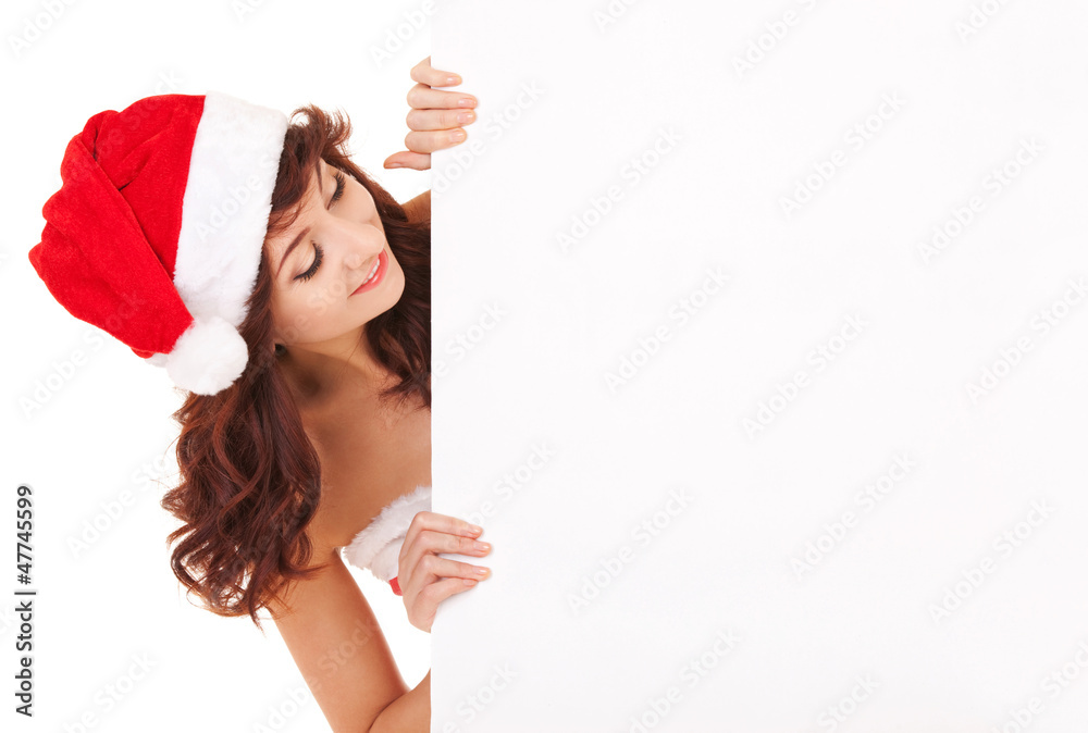 Santa woman looking at white blank board Santa woman looking at white blank board