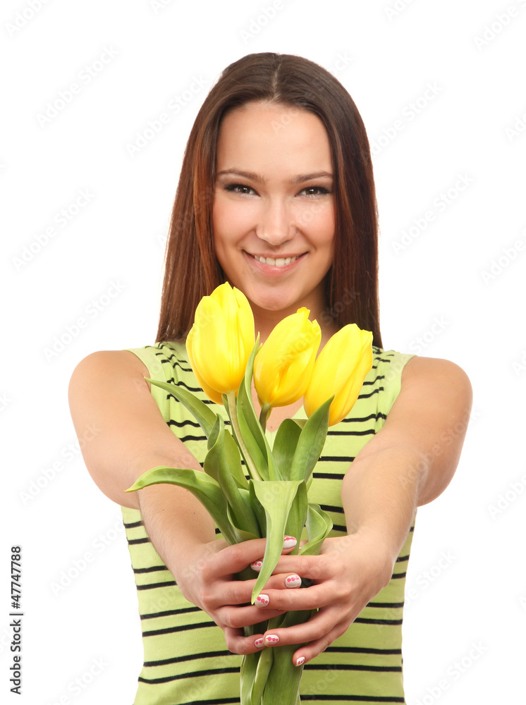 happy woman with yellow tulips over white background happy woman with yellow tulips over white background