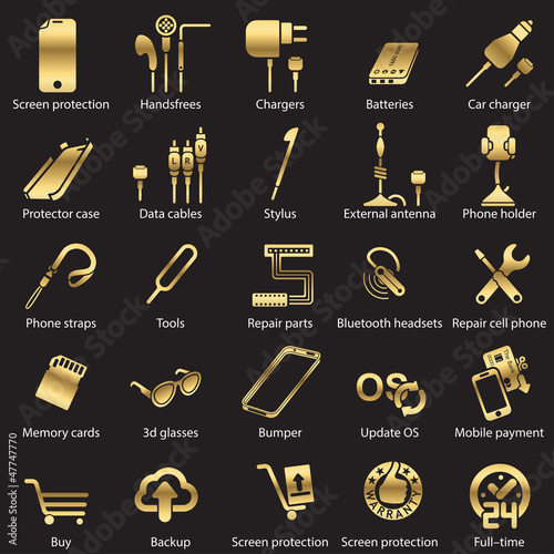 set Mobile servise web icons golden line